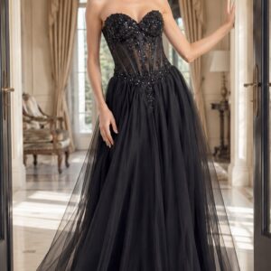 Beaded Floral Lace Strapless Tulle Gown 50011