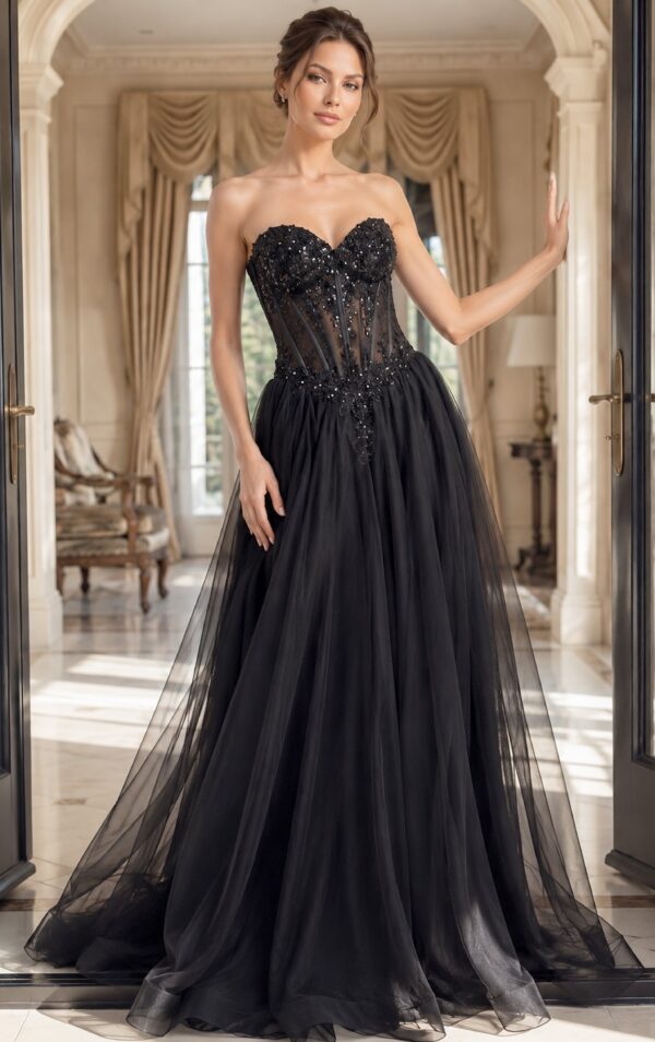 Beaded Floral Lace Strapless Tulle Gown 50011