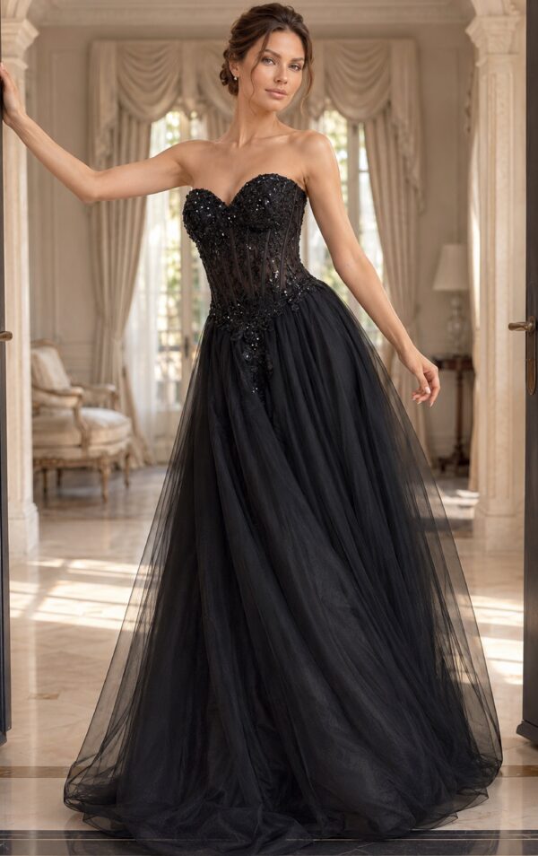 Beaded Floral Lace Strapless Tulle Gown 50011