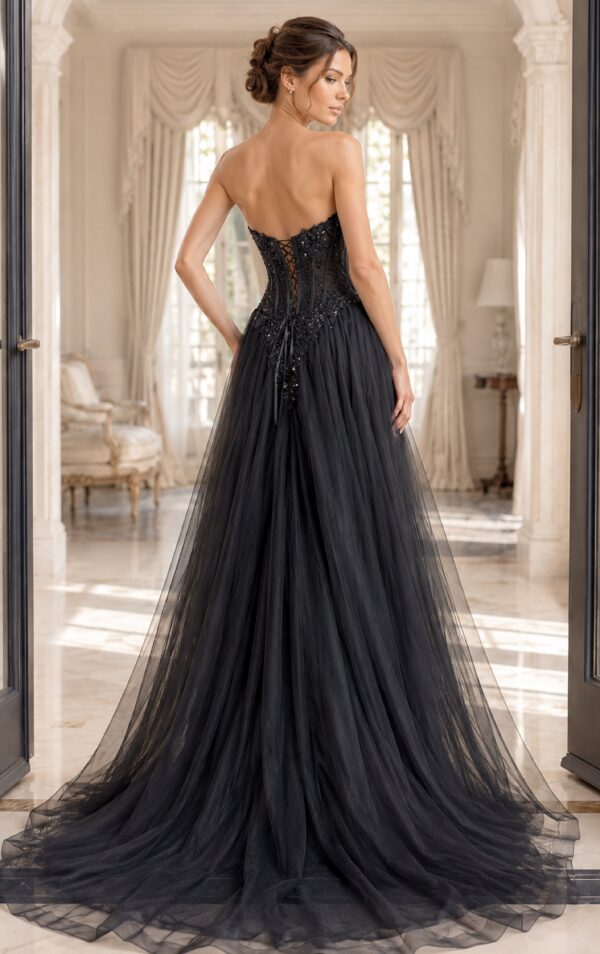 Beaded Floral Lace Strapless Tulle Gown 50011