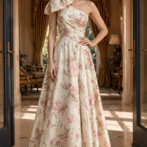 Floral Print One Shoulder Bow A Line Gown 52378
