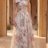 Floral Print One Shoulder Bow A Line Gown 52378