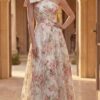 Floral Print One Shoulder Bow A Line Gown 52378