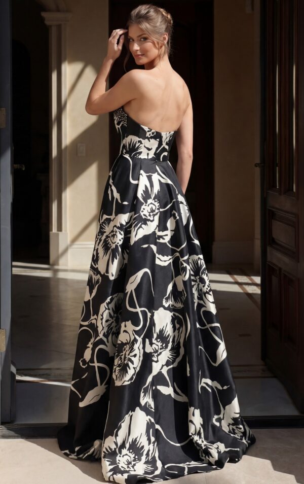 Black White Floral Print Strapless A Line Ball Gown 52665