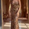 52775_front.jpg Brown Multicolor Sequin Floral Mermaid Gown 52775