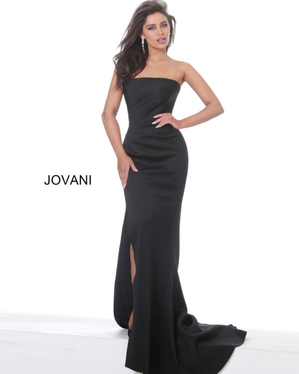 Jovani 94366 Black Strapless Straight Neck Scuba Evening Gown