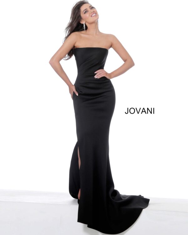 Jovani 94366 Black Strapless Straight Neck Scuba Evening Gown
