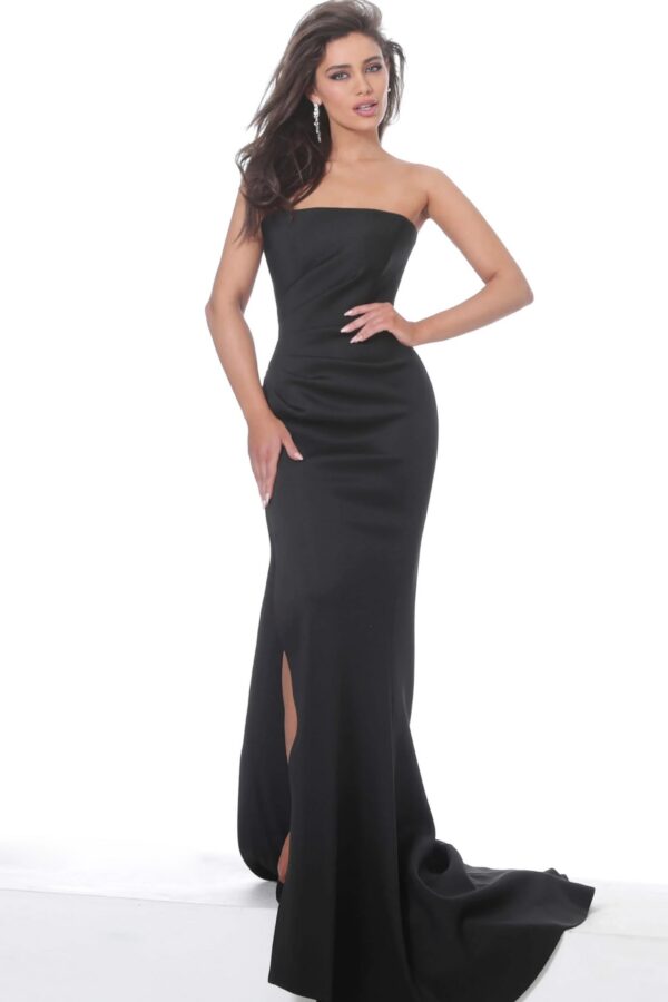 Jovani 94366 Black Strapless Straight Neck Scuba Evening Gown